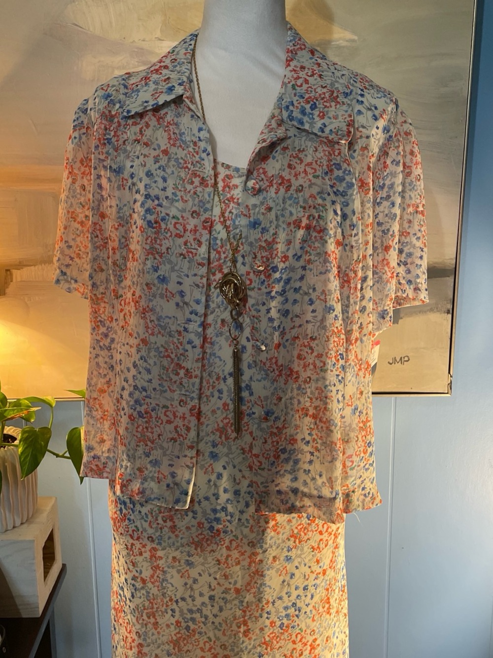 karin stevens Cream Blouse with Blue and Orange Floral Print